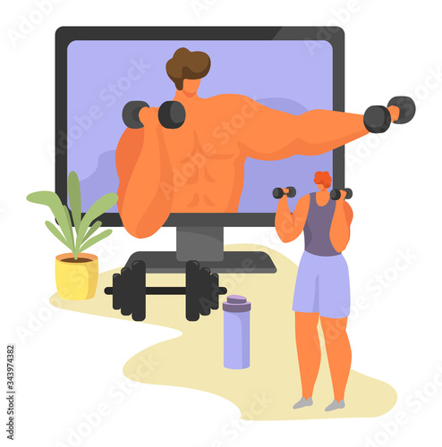 Online sport tutorial vector illustrations. Cartoon woman man characters in healthy sport activity using video lessons app on smartphone or computer, active people sporting set icons isolated on white