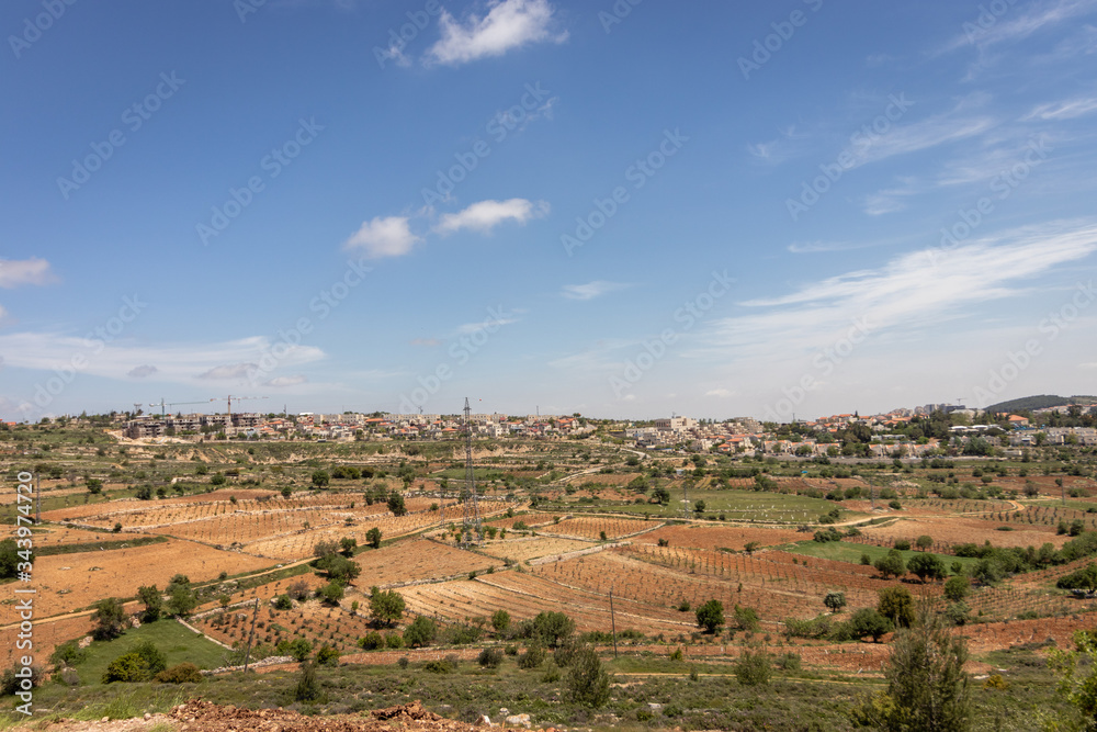 Fototapeta premium top view of agricultural fields in Alon Shvut, Israel.