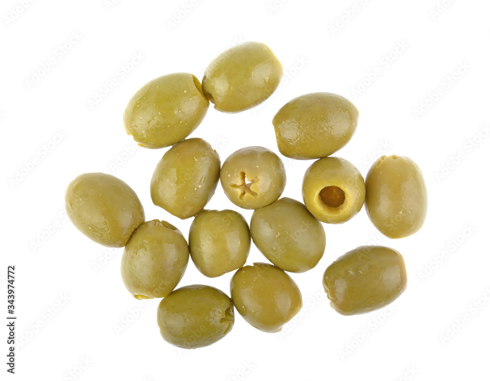 pitted green olives on a white background isolated pitted green olives on a white background isolated