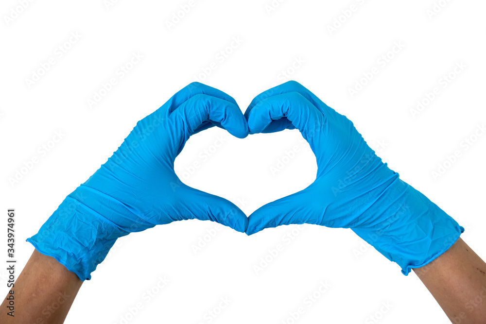 Fototapeta premium Human wearing blue gloves rising hands making finger heart shape, disposable rubber latex gloves for professional medical safety and hygiene protection from Coronavirus disease COVID-19 Clipping-path