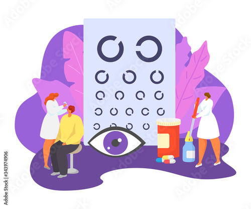 Ophthalmology medicine vector illustration set. Cartoon tiny patients people visit ophthalmologist doctor character, check or adjustment eye health with optical equipment in medical clinic hospital