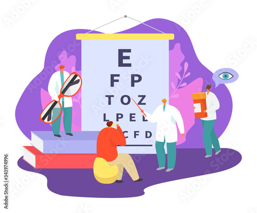 Ophthalmology medicine vector illustration set. Cartoon tiny patients people visit ophthalmologist doctor character, check or adjustment eye health with optical equipment in medical clinic hospital