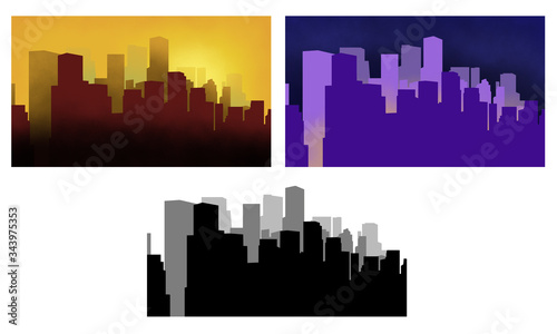 city skyline background in 3 mood  sunset  night and black and grey illustration