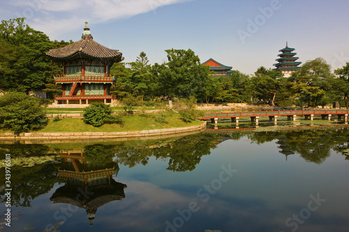 Photo of buildings  and lake at the Royal palace Gyeongbokgung / Seoul