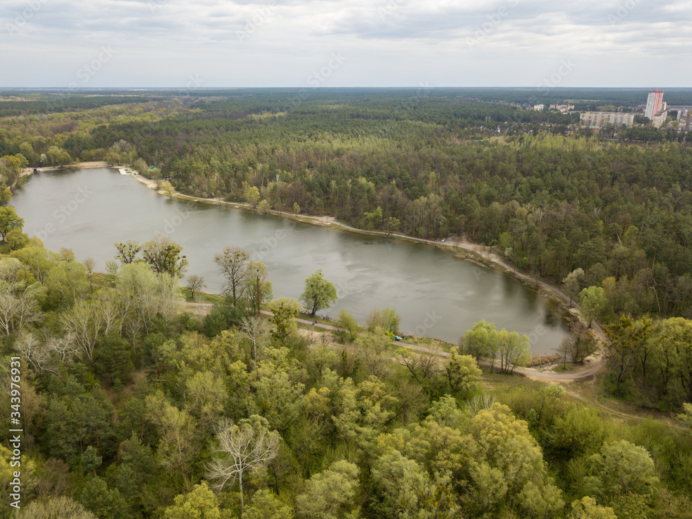 Forest lake on a spring day. Aerial drone view.