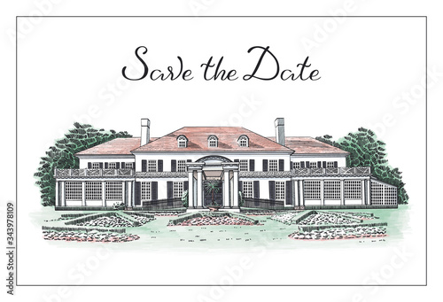 Vector illustration with Save the Date hand drawn lettering text and Georgian style mansion, wedding venue, country estate. In front of the house - beautiful formal gardens.