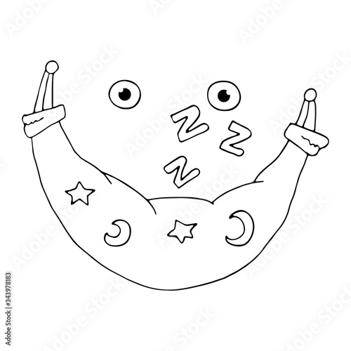 Original character Mr. Dream. Smiling mouth - hammock, eyes and sound of sleep zzz. Hand drawn vector illustration isolated on white. Coloring page. Best design for kids room, postcard, t-shirt, cup. 