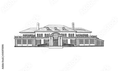 Vector illustration with Georgian style mansion, country estate. Historic Building with Hipped-roof Colonial Revival, with third-story dormers. Black and White wedding venue, architecture.