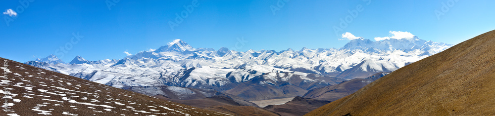 Panorama of the Himalayas. In the center of the picture the highest mountain in the world, Mount Everest. View from the Chinese side.