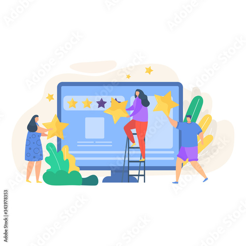 Review feedback vector illustration. Cartoon tiny people reviewing rating online in smartphone or computer app, active people reviewer customer character holding stars icons isolated on white