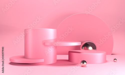Round podium on pink pastel background. Elegant pink silk fabric round pedestal. 3d render illustration. Empty pedestal, stand for mockup products. Copy space on delicate luxurious satin 