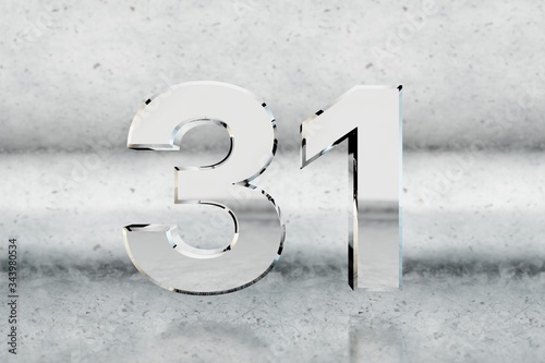 Chrome 3d number 31. Glossy chrome number on scratched metal background. 3d render.