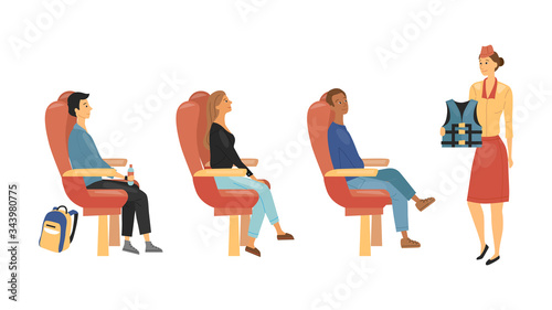 Concept Of Flights Safety. Young Stewardess Explain Safety Instruction Holding Life Vest In Hands. Woman Demontrates To Passengers How To Behave During Emergency. Cartoon Flat Vector Illustration