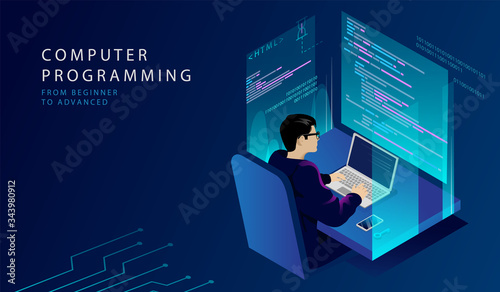 Isometric Concept Of Programming Courses. IT Academy Offers Remote Courses HTML For Future Professionals Developers And Graphic Designers. Student Studies To Program. Cartoon 3d Vector Illustration