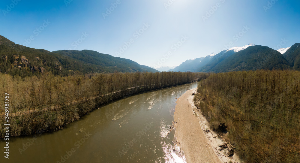 Aerial Panoramic View of Squamish River during a sunny spring day. British Columbia, Canada.