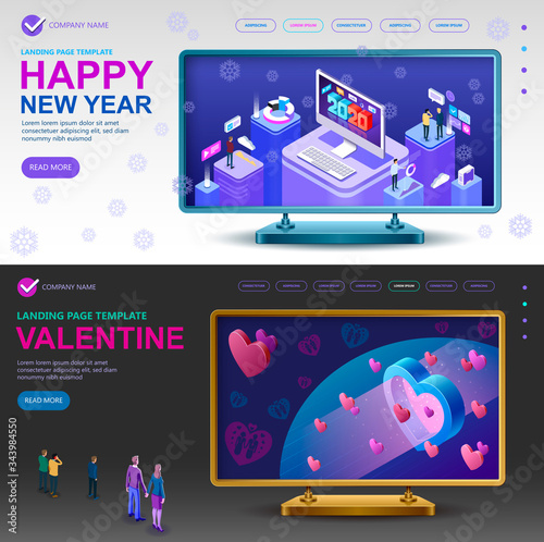 2020 Isometric and Valentines day greetings concept, Modern Business advertising construction, Vector illustration