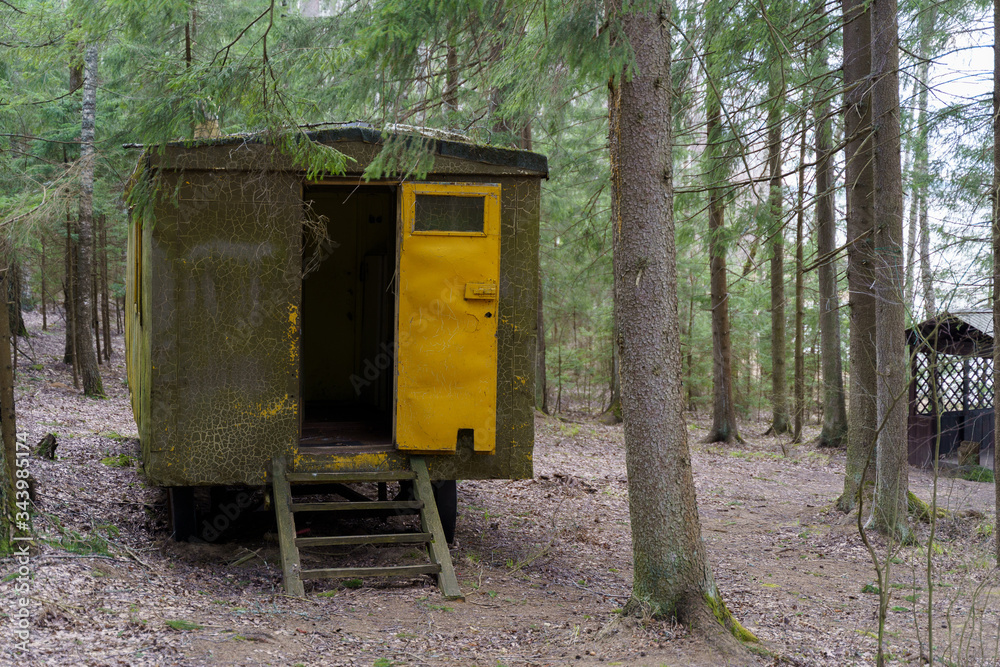 Old and abandoned iron trailer left to deteriorate in a forest among the pine trees. Old and abandoned iron trailer left to deteriorate in a forest among the pine trees.