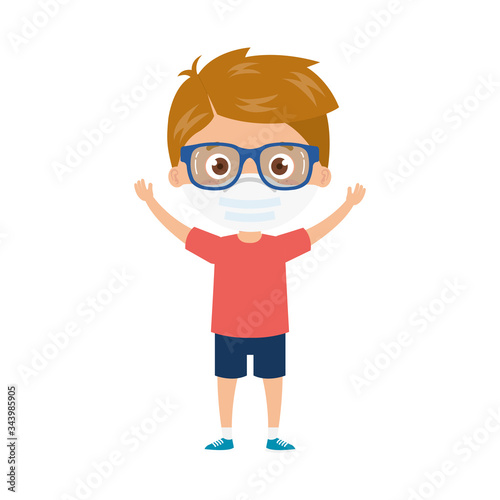 cute boy using face mask with hands up celebrating vector illustration design
