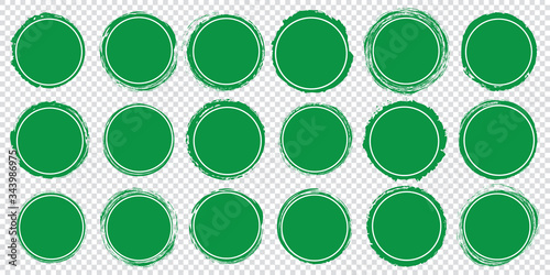 set of green round banners - brush painted circle on transparent background