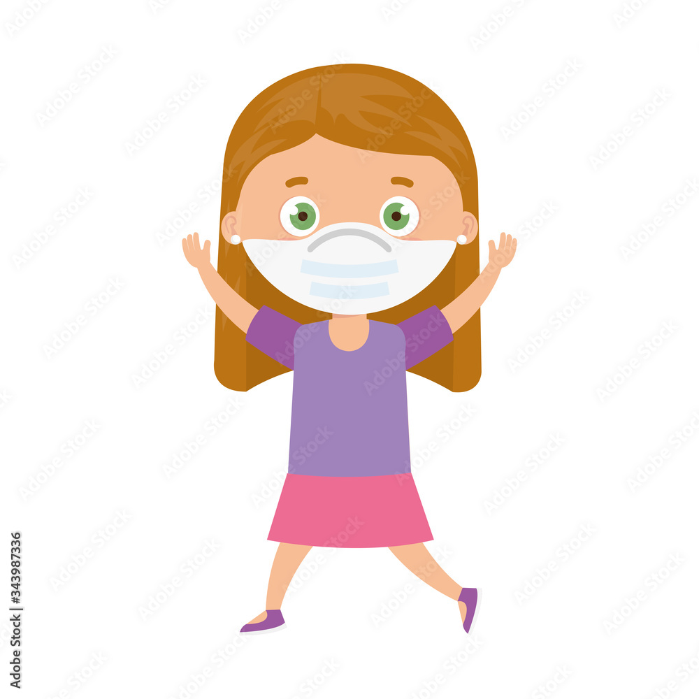 cute girl using face mask with hands up isolated icon vector illustration design