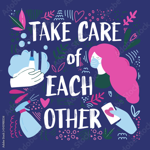 Bright and colorful vector illustration about taking care of yourself and others during quarantine and self-extermination