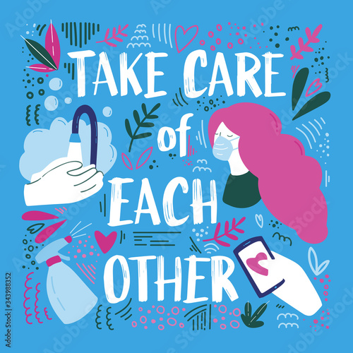 A poster with a handwritten lettering about the need takes care of itself and each other with vivid illustrations and a blue background.