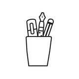 Stationary concept, cup with writing tools icon, line style
