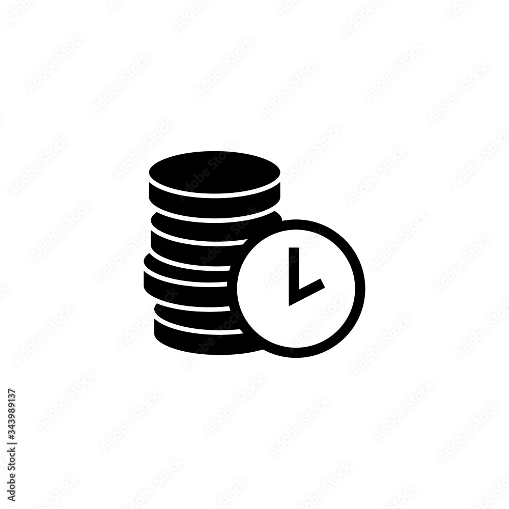 Time money icon in black flat shape icon style design style isolated on white background Time money icon in black flat shape icon style design style isolated on white background