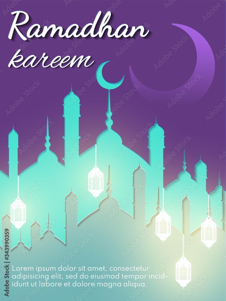 Ramadan kareem (means generous) banner for brochure, poster, flyer design and greeting card. Download Ramadan design vector with mosque and lampion illustration.