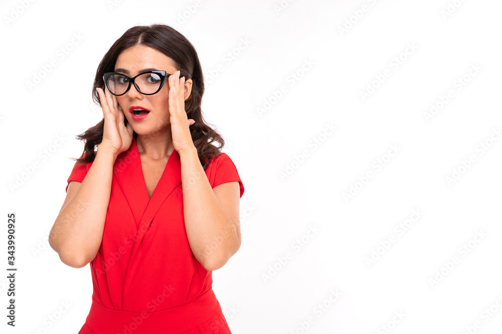 Portrait of nice caucasian girl with black glasses isolated on white background Portrait of nice caucasian girl with black glasses isolated on white background