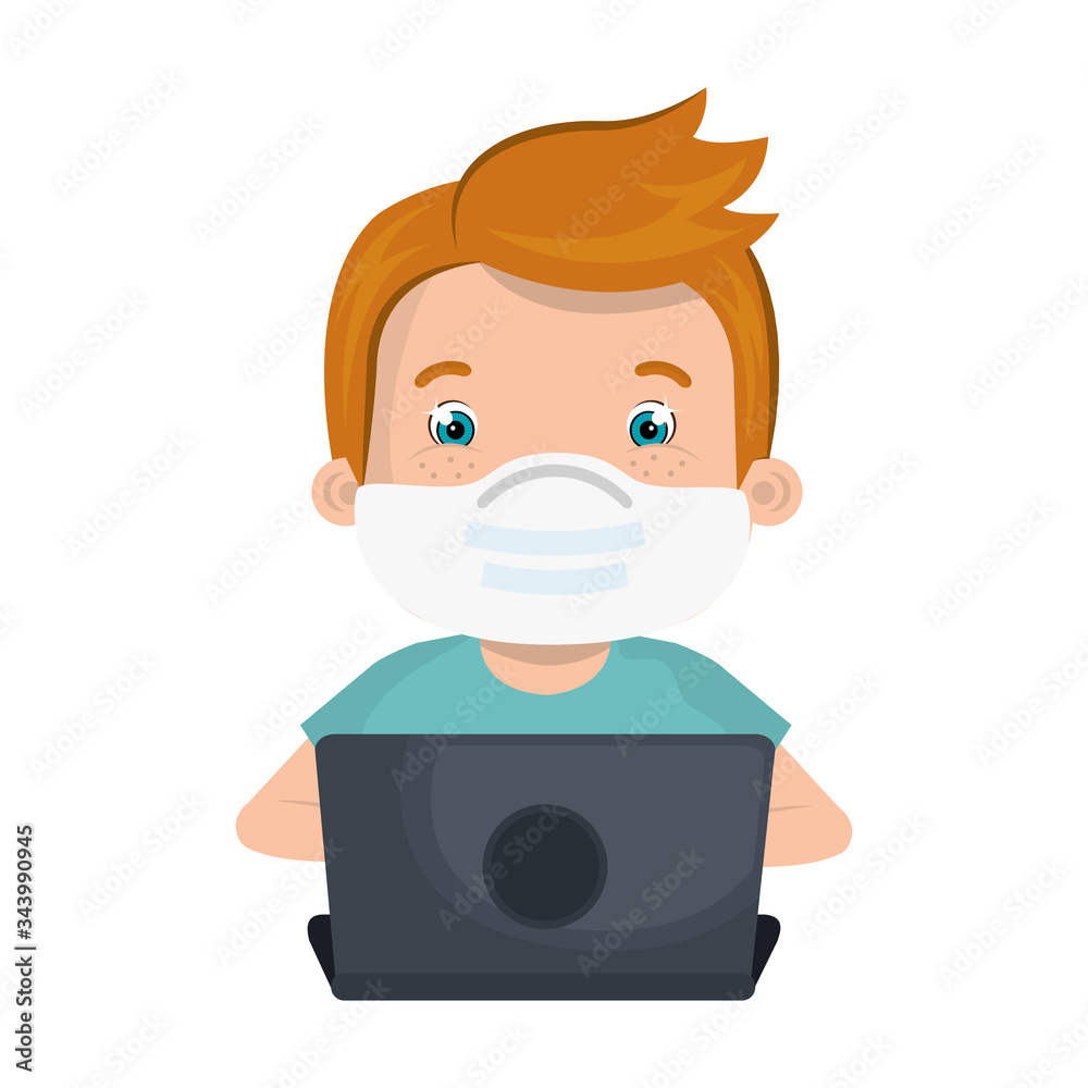 boy using face mask with laptop studying online vector illustration design