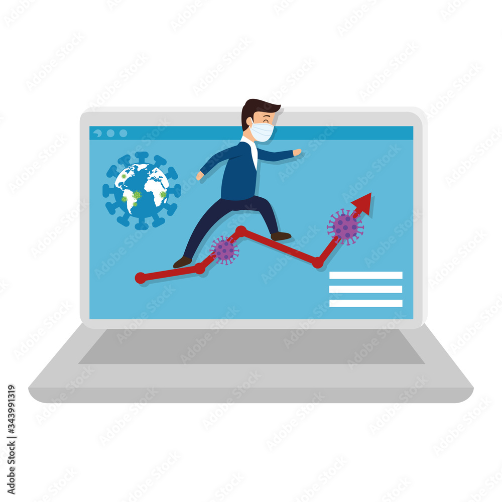 stock market variation by covid 19 with laptop and icons vector illustration design stock market variation by covid 19 with laptop and icons vector illustration design