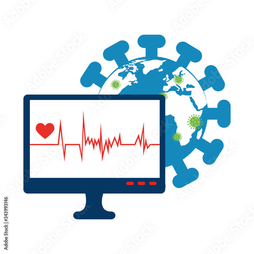 world planet with particles covid 19 and monitor vector illustration design