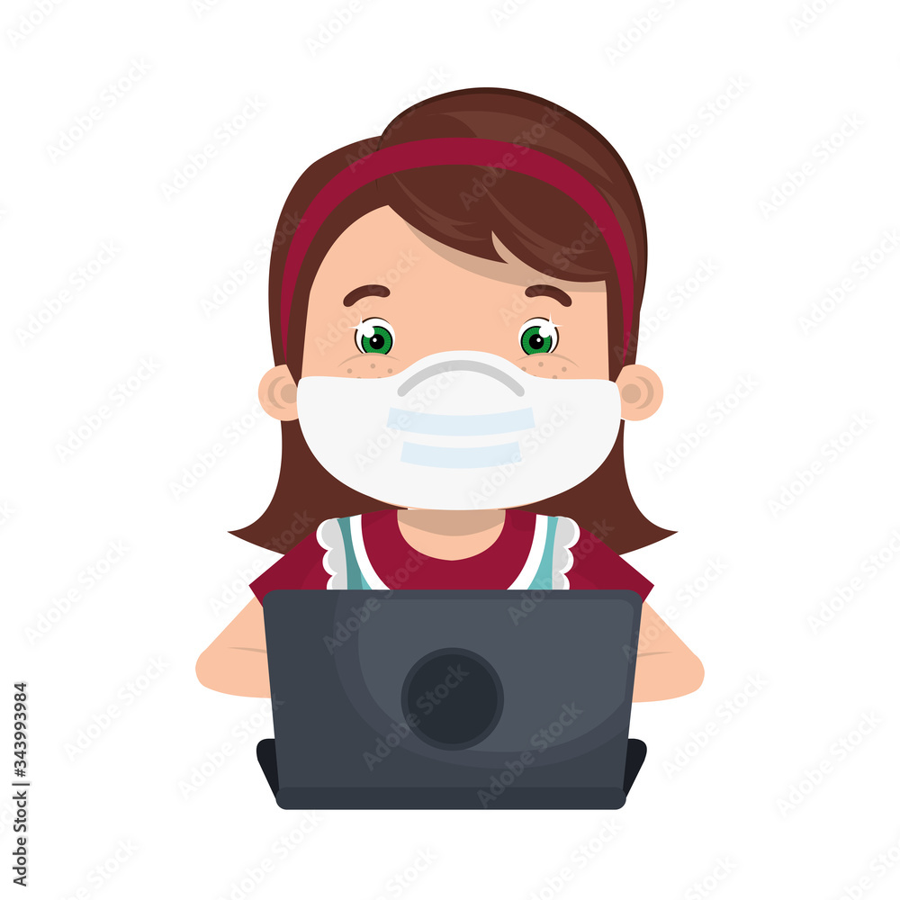 girl using face mask with laptop studying online vector illustration design girl using face mask with laptop studying online vector illustration design
