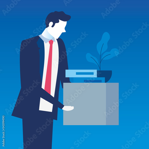 businessman unemployed sad and box with objects vector illustration design