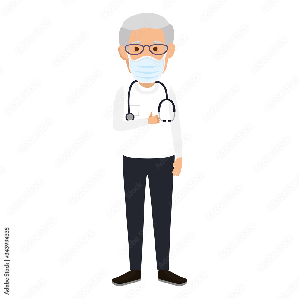 old doctor male using face mask with stethoscope vector illustration design