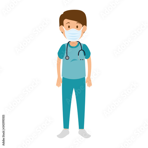male paramedic using face mask with stethoscope vector illustration design