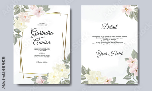 Elegant wedding invitation card with beautiful flower and leaves premium vector