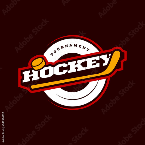 Hockey sport logo. Modern professional sporty hockey championship or tournament Typography in retro style with stick and puck. Vector design emblem, badge and sporty template logotype design.