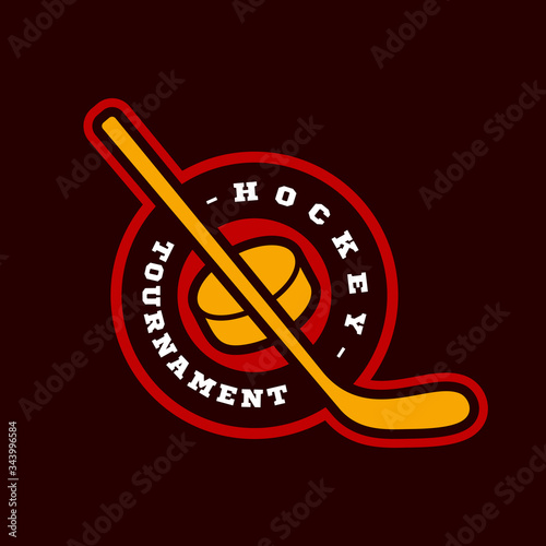 Hockey sport logo. Modern professional sporty hockey championship or tournament Typography in retro style with stick and puck. Vector design emblem, badge and sporty template logotype design.