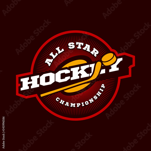 Hockey sport logo. Modern professional sporty hockey championship or tournament Typography in retro style with stick and puck. Vector design emblem, badge and sporty template logotype design.