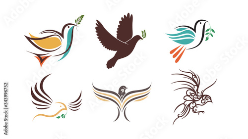 Flying dove with green branch. Flat design style vector illustrations set of icons and logos. Icon or logo template. Geometrical cute bird illustration.