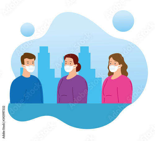 campaign of social distancing for covid 19 with people using face mask vector illustration design