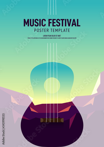 Music poster design template background decorative with double exposure of mountain scene and ukulele