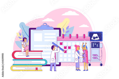 Examination pregnant women, consultation with specialist obstetrician line vector illustration. Keeping medical pregnancy calendar, doctor measure abdomen size. Ultrasound and medical record keeping
