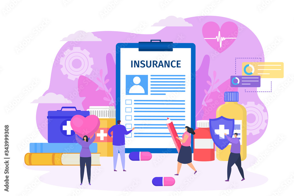 Conclude health insurance contract with clinic concept vector illustration. Man fill large form document, woman character carry enlarged pencil. Patient with heart and medicine in jar.