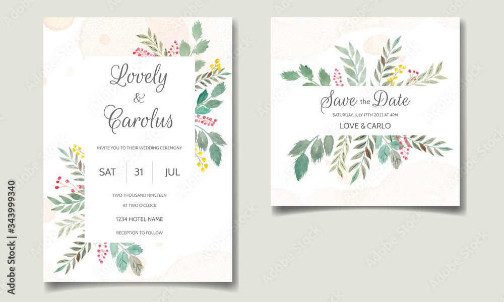 Wedding invitation card set template with floral and leaves watercolor