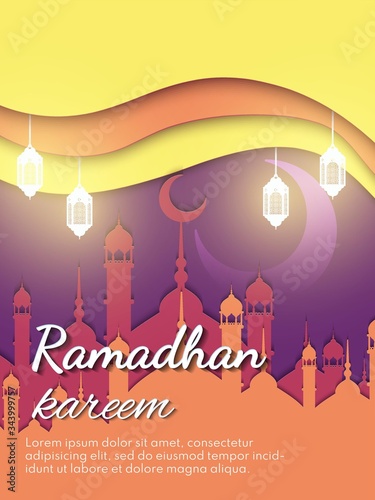 Ramadan kareem (means generous) banner for brochure, poster, flyer design and greeting card. Download Ramadan design vector with mosque and lampion illustration.