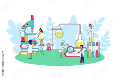 Laboratory research science vector illustration. Group scientist doctors character on enlarged cones, microscope, book and medical reference. Team work with chemical fluid in cartoon flask.