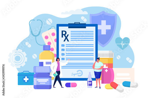 Medical prescription for hospital patient, concept vector illustration. Personal doctor write list medicines to treat disease. Women character near enlarged document, pills and drops.